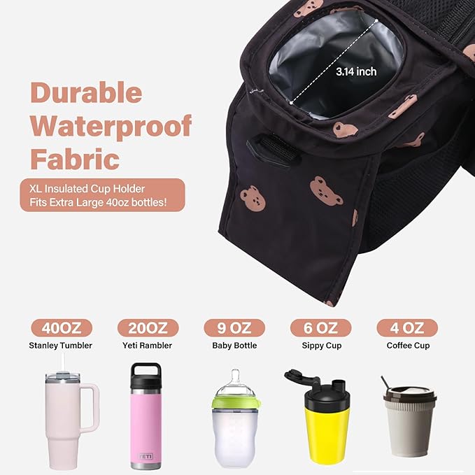 Universal Stroller Organizer with Cup Holders, Detachable Wristlet | Fits All Strollers | Stroller Diaper Bag Organizer with Phone Pocket, Insulated Bottle Holder & Storage Compartments