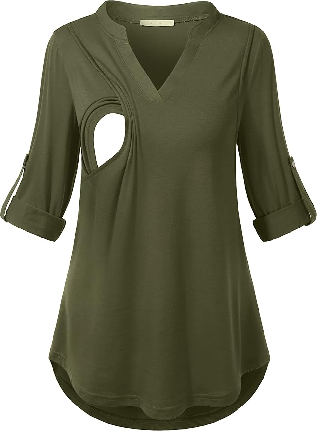 Joymom Maternity Rolled Long Sleeve Nursing Tops Tunic Blouses Breastfeeding