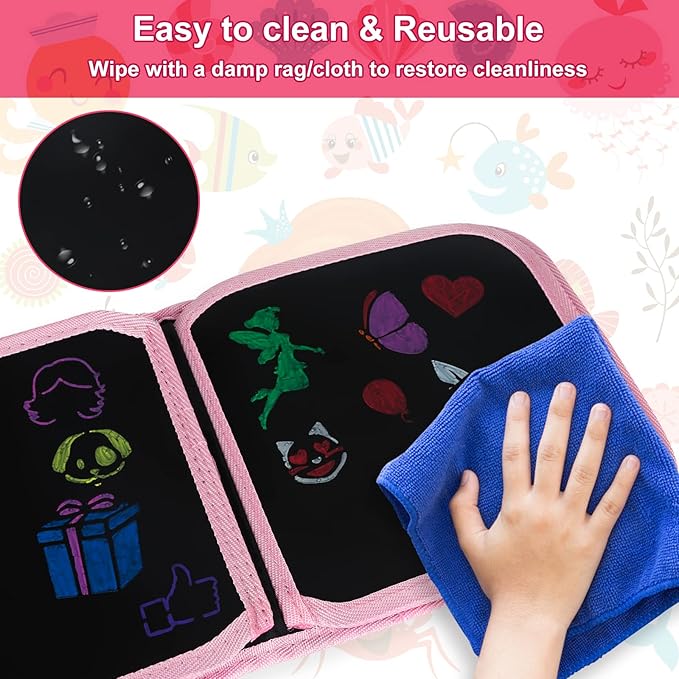 Erasable Doodle Set for Kids - Reusable Magic Drawing Book with 12 Watercolor Pens 14 Page Drawing, Road Trip Car Game Writing Painting Set for Boys and Girls (Mermaid)