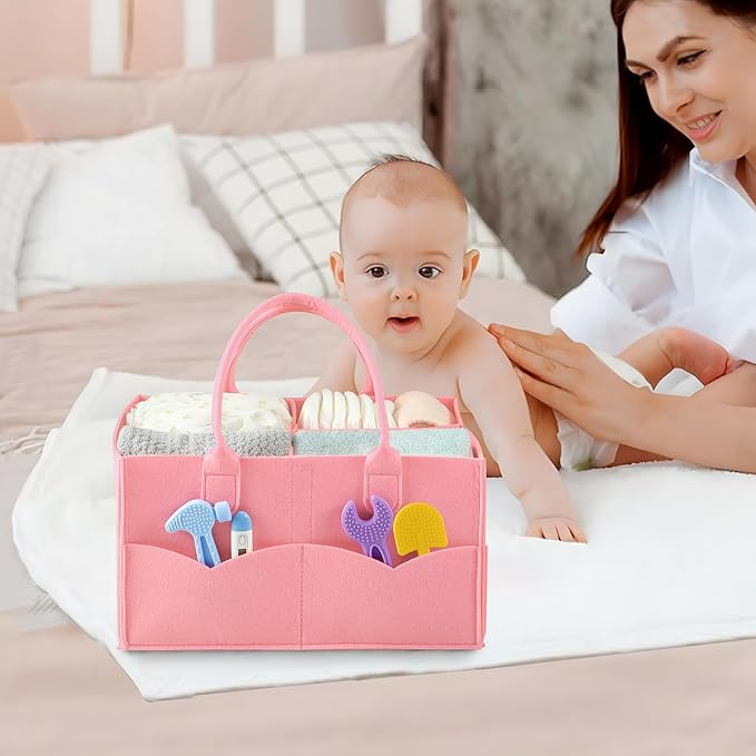 PandaEar 2 Pack Baby Diaper Caddy Organizer, Portable Diaper Holder Nursery Storage Basket for Wipes & baby stuff, Collapsible Baby Organizers with Divided Design (Red/Pink)