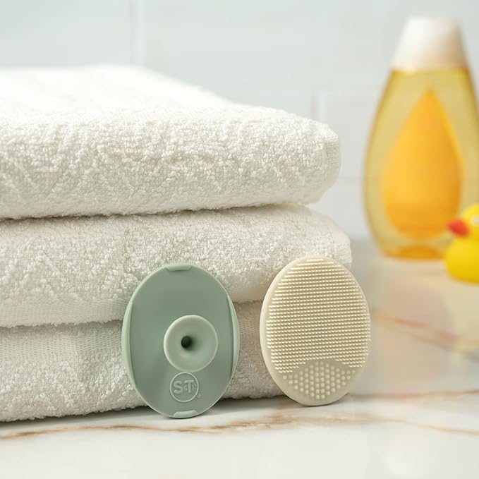 S&T INC. Exfoliating and Massaging Cradle Cap Bath Brushes for Baby, Silicone - 2 Inch x 2.5 Inch, Sage Green & Cream, 2 Pack
