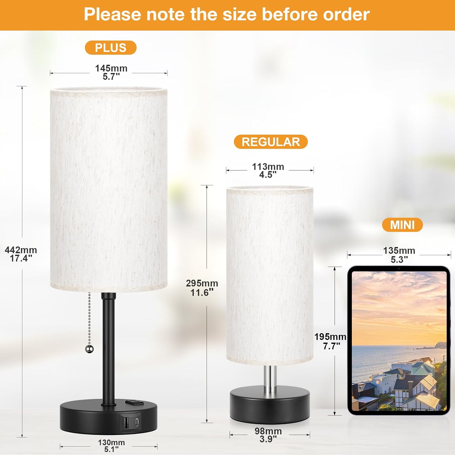 Pull Chain Table Lamp for Bedroom - 3 Color Temperatures, USB A + C Charging, AC Outlet, 17.4 inch Tall Bedside Lamp with E26 LED Bulb