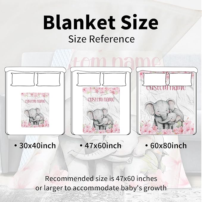 Custom Name Baby Blanket for Girls, Personalized Flannel Blanket with Dotted Backing, Soft and Cozy Swaddle Blanket for Infants and Toddlers, Elephant Love Theme