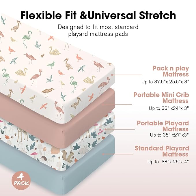 Bimocosy Mini Crib Sheets,Pack and Play Sheets for Baby Girl Boy 4 Pack,Size 38"x 26" for Playard Mattress,Portable Mini Crib,Soft Pack N Play Sheets Fitted,Wetland Birds/Squirrel/Mauve/Fog Blue