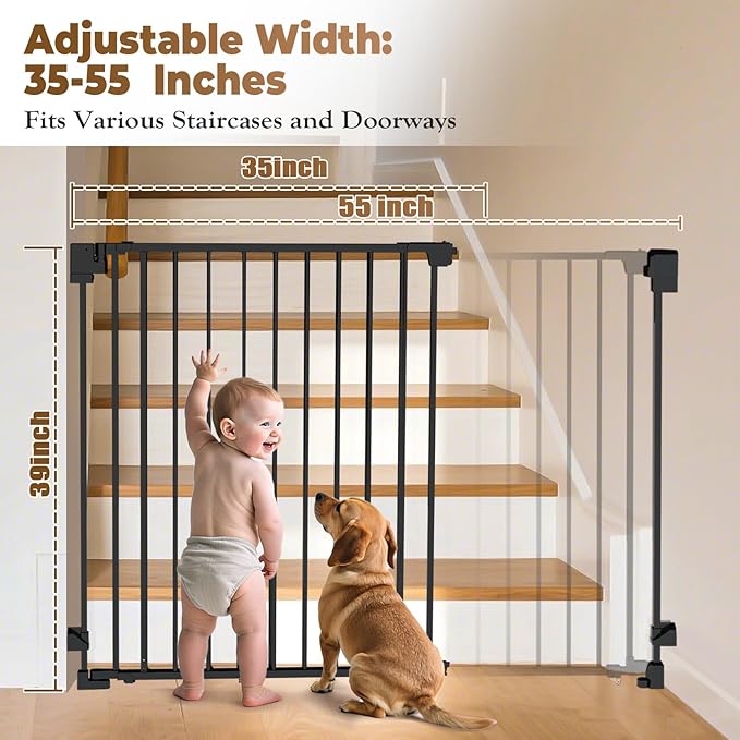 35-55" No Bottom Bar Baby Gates for Stairs, 39" Extra Tall Child Safety Gate with Auto Close Large Walk Thru Door, Hardware Mount Dog Gate Pet Gate for The House Doorways, Indoor Outdoor use