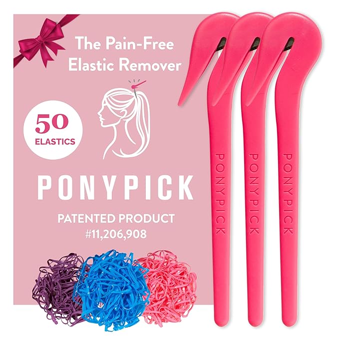 THE PONY PICK Rubber Bands Cutter for Hair Removal - Pain-Free Hair Band Remover - Easy 3 Pack with 50 Colored Elastics