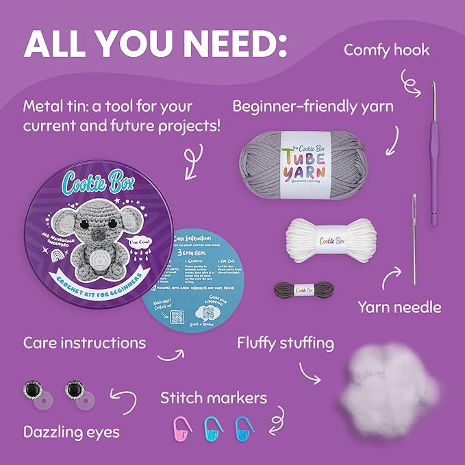 Cookie Box Crochet Kit for Beginners - Learn to Craft Amigurumi Stuffed Animals - Knitting Gift for Kids and Adults - Beginner-Friendly Yarn - Stitch-by-Stitch Video Tutorial - Koala Coal