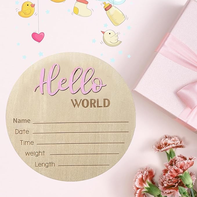 Baby Announcement Sign, 5.9 Inch Wooden Hello World Newborn Signs, Birth Announcement Sign, Baby Shower Hospital Nursery for Newborn Boys and Girls (Light Pink,Pen)