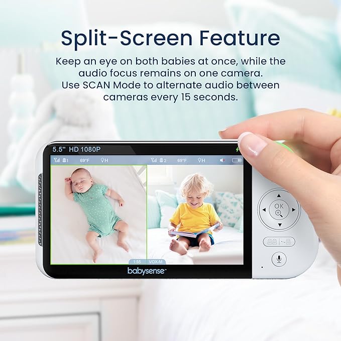Babysense 5.5” 1080p Full HD Split-Screen Baby Monitor, Video Baby Monitor with 2 Cameras and Audio, 6-Color RGB Night Light, 1000ft Range, Two-Way Audio, 4X Zoom, 5000mAh Battery