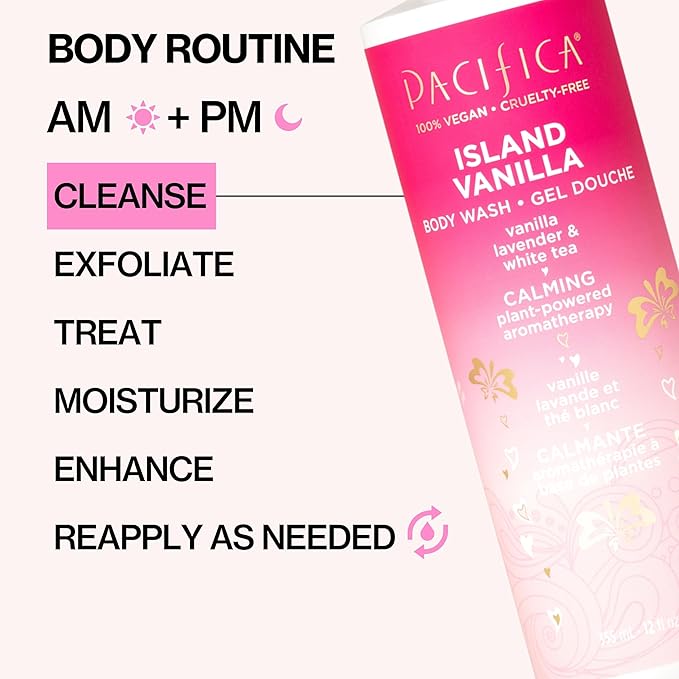 Pacifica Island Vanilla Body Wash Aloe + Hyaluronic Acid, Daily Cleansing, Bath & Shower Gel, Essential Oils, Clean, Vegan + Cruelty & Paraben Free, Clean Beauty Vegan Dermatologist Tested, 12 Fl Oz