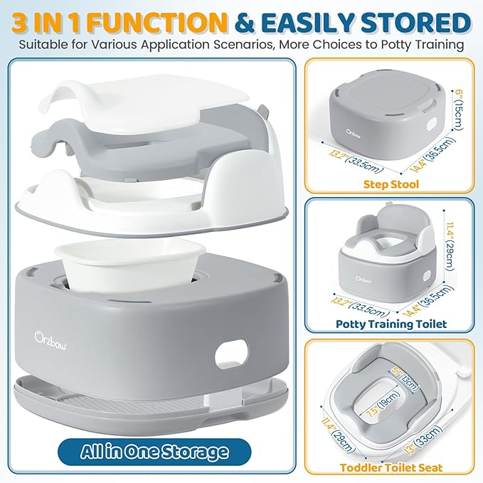 Orzbow 3-in-1 Potty Training Toilet, Detachable Baby Potty, As Toddler Toilet Seat, Chair, Step Stool for Boys & Girls 18+ Months, Potty Training Seat with Splash Guard, Lid, Easy Clean, Gray