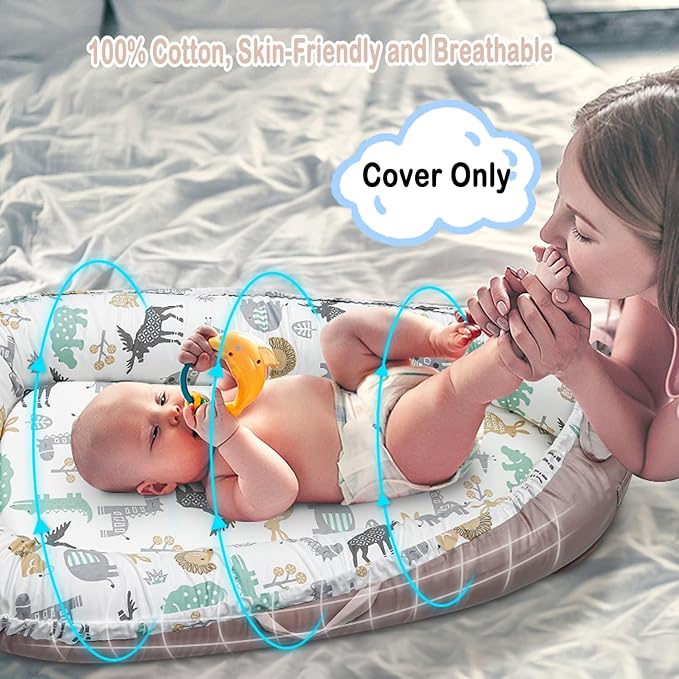 Baby Lounger Cover for Newborns, 100% Cotton Soft Portable Baby Nest Lounger Cover, Breathable Infant Lounger Replacement Cover, Lounger Pillow Cover Fit for Snuggle Me, Cover Only(Animal Pattern)