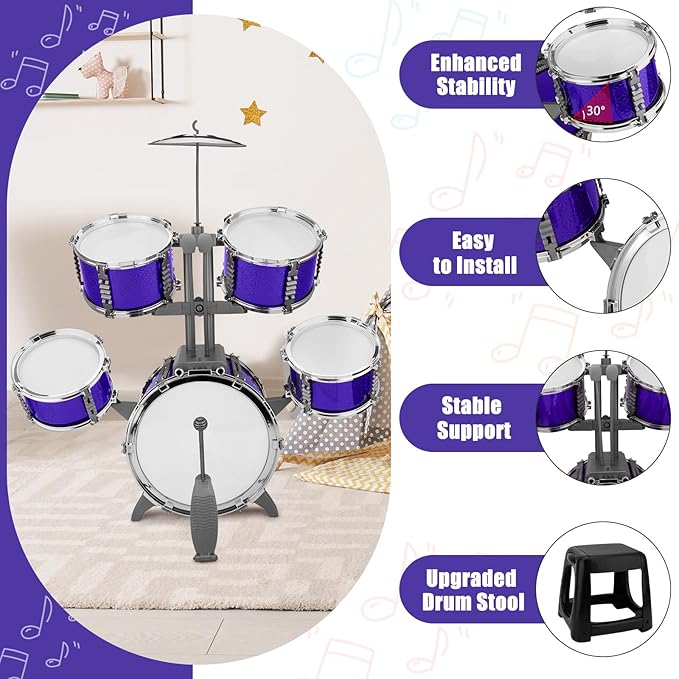 Kids Jazz Drum Set Rock Kit Toys for 3-7 Year Olds - 5 Piece Toddler Band Musical Instrument Educational Percussion Birthday Playset