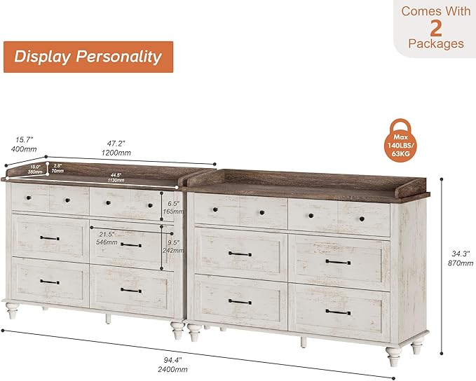WAMPAT 2 Pack Kids Dresser with 12 Drawers, 2-in-1 Baby Dresser for Bedroom & Kids Room, Rustic Chests & Dressers Wooden Closet Organizer for Children’s Bedroom, Antique White