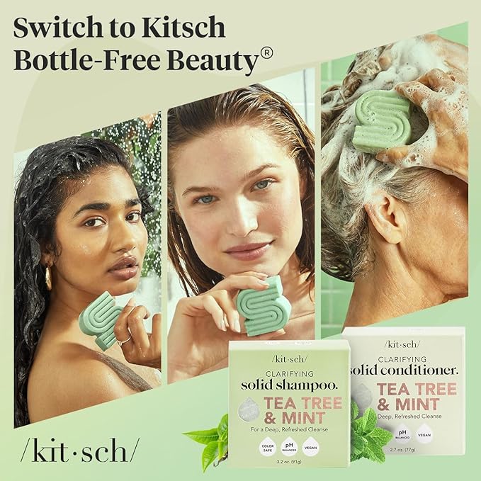 Kitsch Tea Tree Shampoo and Conditioner Set – Anti Dandruff Shampoo Bar & Conditioner Bar - Hair Care for All Hair Types - Free of Paraben, Sulfate & Silicone - Made in USA - 2 pcs