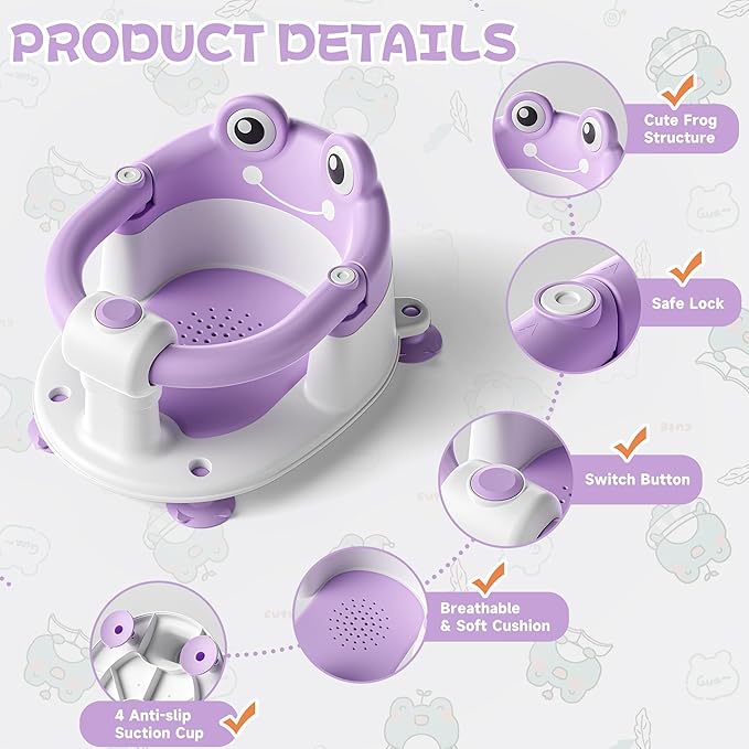 Baby Bath Seat for Babies 6 Months & Up - Toddler Bath Seats for Baby Sitting Up with 4 Suction Cups & Soft Cushion, Non-Slip Infants Shower Bathtub Chair for Newborn Girls, Purple