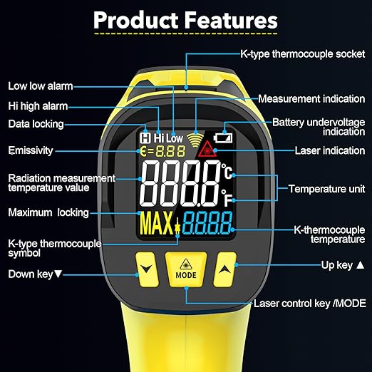 Infrared Thermometer Temperature Gun,-40°F to 1472°F, Non-Contact Digital IR Thermometer Temp Gun with Thermocouple Probe for Cooking, Pizza Oven, HVAC, Engine, Griddle, Adjustable Emissivity