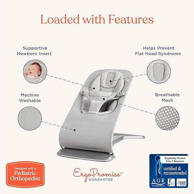Ergobaby Evolve 3-in-1 Mesh Baby Bouncer Seat, Adjustable Multi-Position Infant Bouncer and Toddler Chair, Breathable Mesh, Converts from Newborn to Toddler - Sage Green