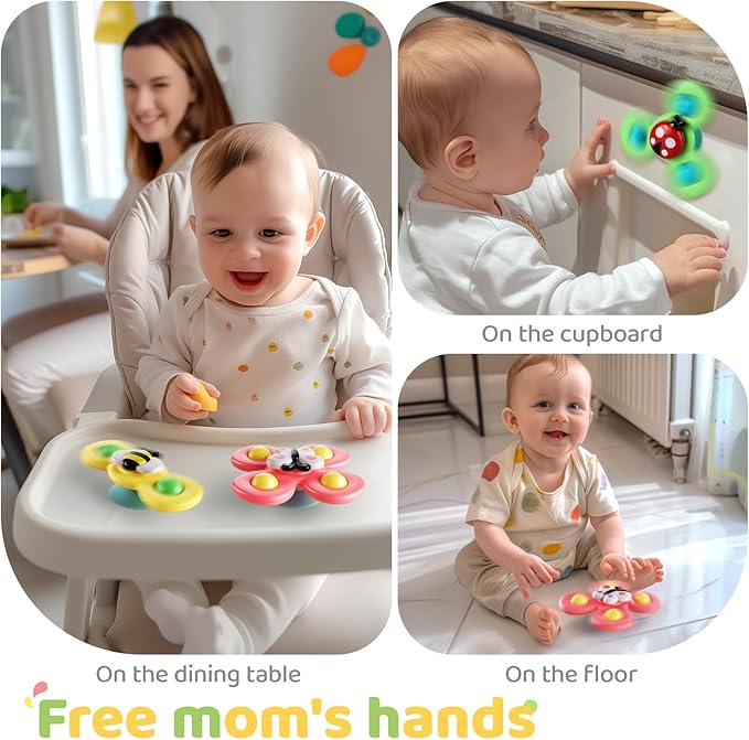 ALASOU 3PCS Suction Cup Spinner Toys for 1 Year Old Boy Girl|Spinning Top Infant Sensory Toys for Toddlers|1 2 Year Old Boy Christmas Birthday Gift|Baby Bath Toy Stocking Stuffers for Kids Ages 1-3