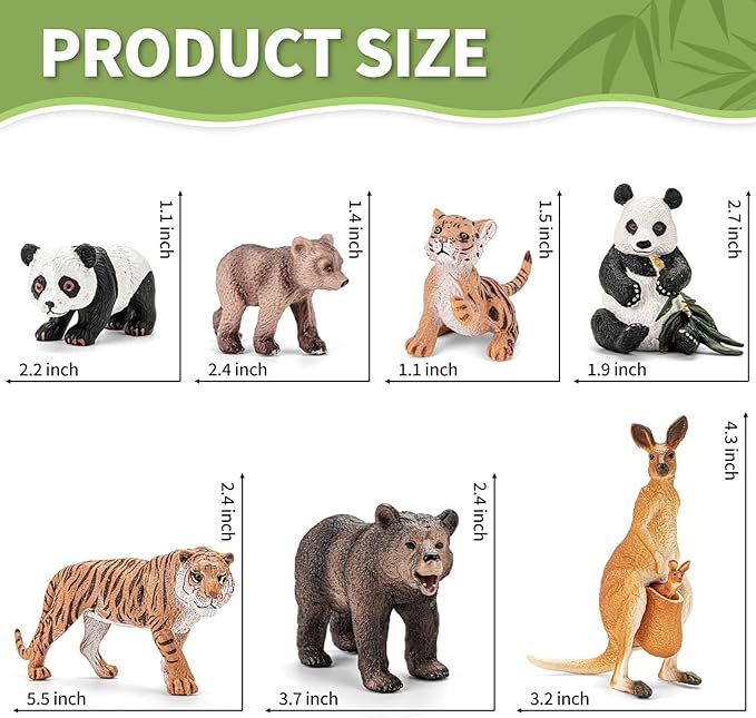 8PCS Safari Zoo Animals Figurines Toys, Realistic Plastic Mom and Baby Cubs Figures, Includes Panda,Grizzly Bear,Kangaroo,Tiger, Educational Learning Playset for Kids Boys Girls
