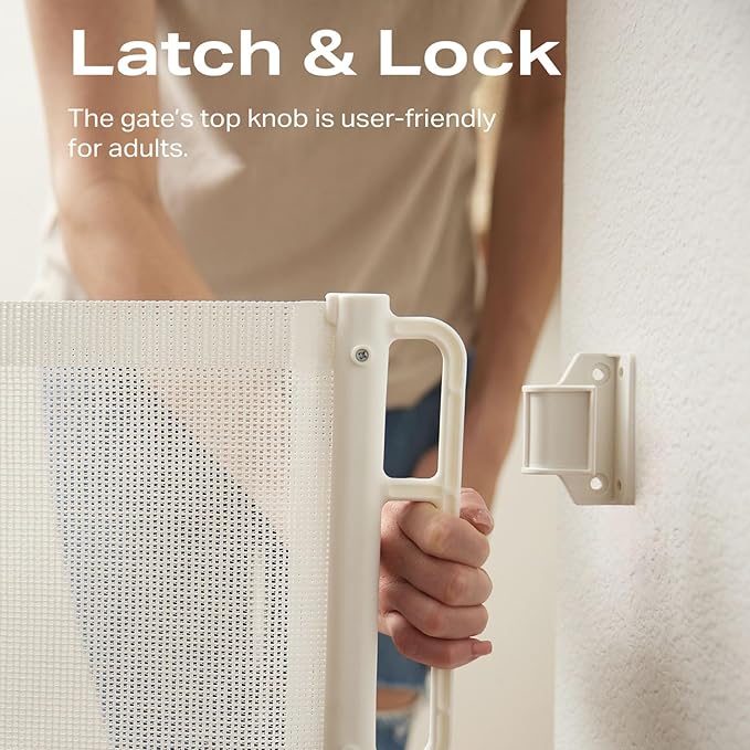 Cumbor 76" Wide Long Retractable Baby Gates for Stairs, Mesh Dog Gate for The House, 34" Tall Extra Wide Pet Gate for Dogs, Child Safety Gates for Doorways, Hallways, Cat Gate Indoor/Outdoor(White)