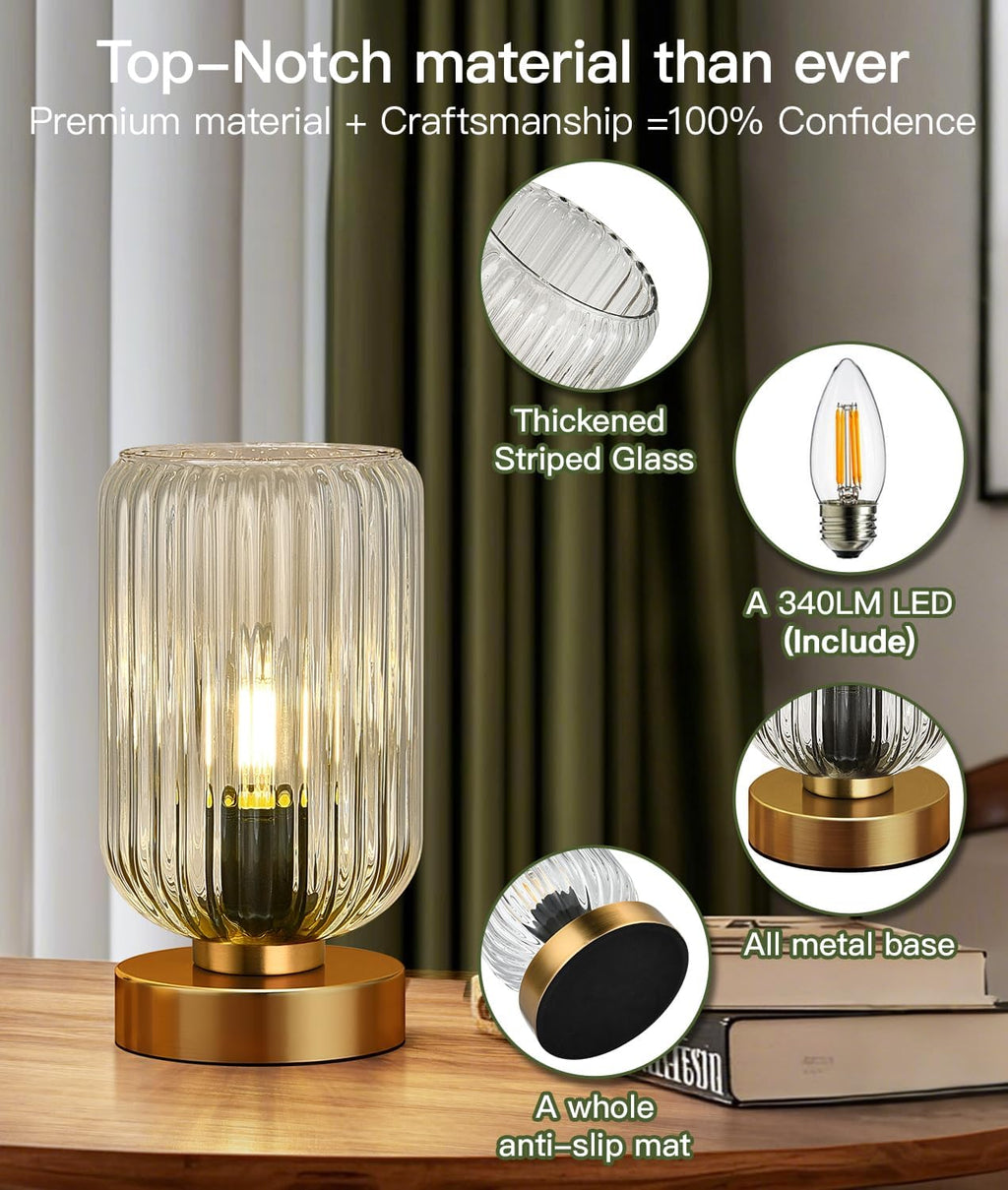 Touch Table Lamp for Nightstand - Small Bedside Lamps for Night Stands Bedroom Living Room, Dimmable Rechargeable Desk Lamp Battery Operated with Clear Glass Shade, Bulb Included