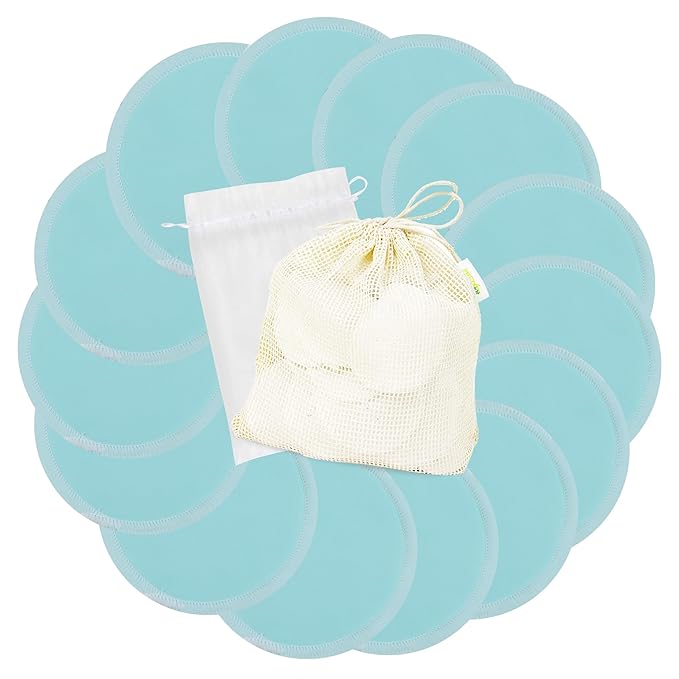 wegreeco Nursing Breast Pads (14 Pack) + Laundry Bag & Travel Storage Bag, 4.7 inch - Washable & Reusable Breastfeeding Nursing Pads (Plain Shape, Light Blue, Large)
