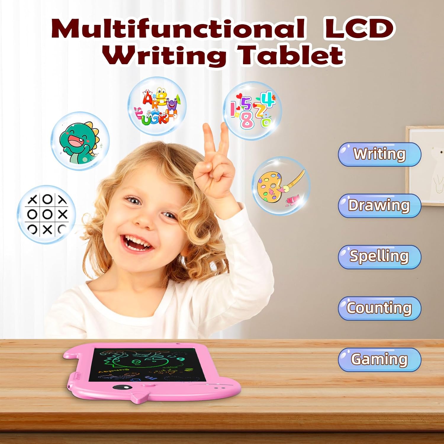 LCD Writing Tablet for Kids 8.8 Inch Toddler Toys for 3 4 5 6 7 8 Year Old Boys Girls Toys Drawing Pad Dinosaur Toys for Toddlers Doodle Board Drawing Tablet Birthday Christmas Gifts (Pink)