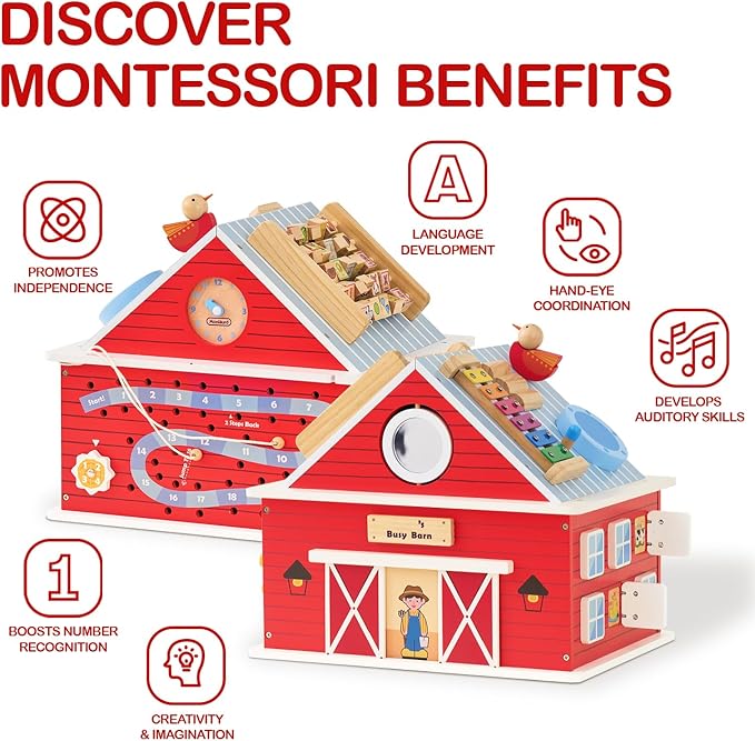 Monläurd® Wooden Farm Activity Center for Toddlers 1-3, 12-in-1 Montessori Busy Board Sensory Play Center, Large Barn Activity Cube Toy for Baby Fine Motor Skills, Daycare & Preschool Learning