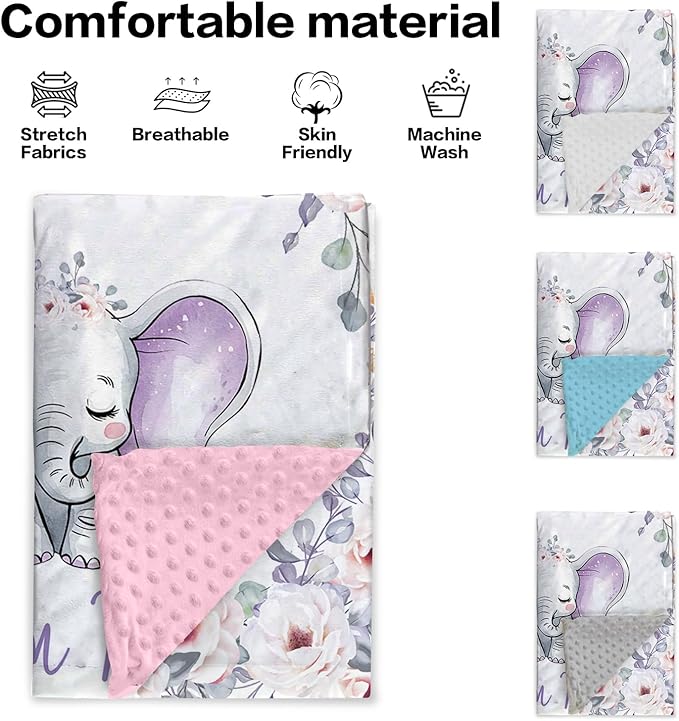 Custom Name Baby Blanket – Double-Layer Dotted Backing Flannel Swaddle – Elephant and Flower Theme for Newborns and Toddlers