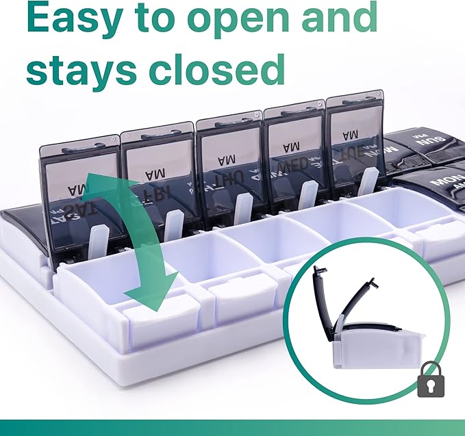 Sukuos AM PM Weekly 7 Day Pill Organizer, 2 Times A Day Pill Box with Arthritis Friendly Push Button, Medicine Cases for Vitamin/Fish Oil/Supplements, Easy to Clean (Black)