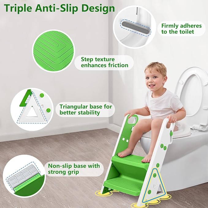 Potty Training Seat, Upgrade Foldable Step Stool, Climbable and Easy to Carry Handles, Adjustable for Different Toilet Heights, Attachment with Stable Structure for Boys and Girls