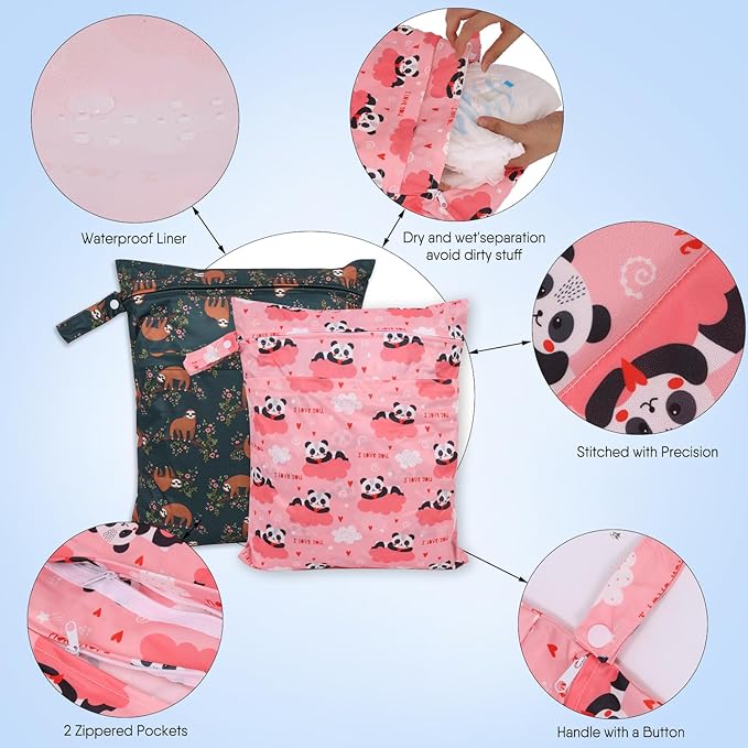 2pcs Travel Waterproof Laundry Bag, Cloth Diaper Wet Dry Bags with Handle & 2 Zipper Pockets, Reusable Washable Dirty Clothes Bag for Baby Adult Travelling Hanging, Bathing Beach Pool Daycare