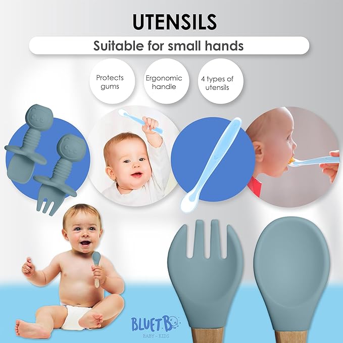 Bluet B- Silicone Baby Feeding Set with Pacifier - Baby Led Weaning Supplies - Baby Spoons, Suction Bowl - Plate - Baby Utensils Set - Silicone Feeding Set for Baby First Foods - 11pcs - Blue
