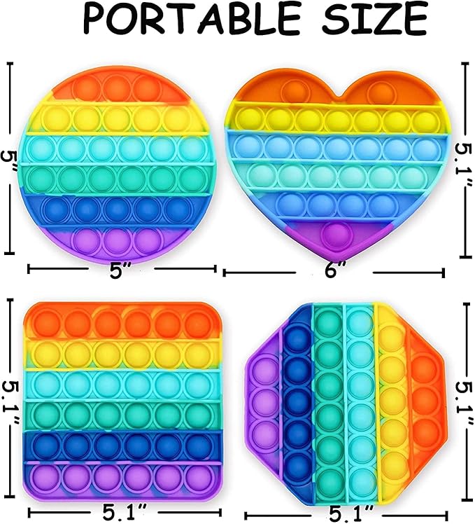 Multipurpose 4 Pack Rainbow Pop it Fidget Toy, Bubble Sensory Toy for Kids and Adults, Stress Reliever, 4 Shapes Poppers-Heart, Circle, Octagon, Square Pressure Relieving