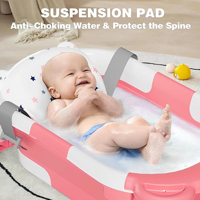 MoreFeel Collapsible Baby Bathtub for Newborn with Thermometer & 1 Hooded Towel & 1 Soft Floating Cushion,Portable Travel Bathtub with Drain Hole, Durable Foldable Baby Tubs for Infants to Toddler