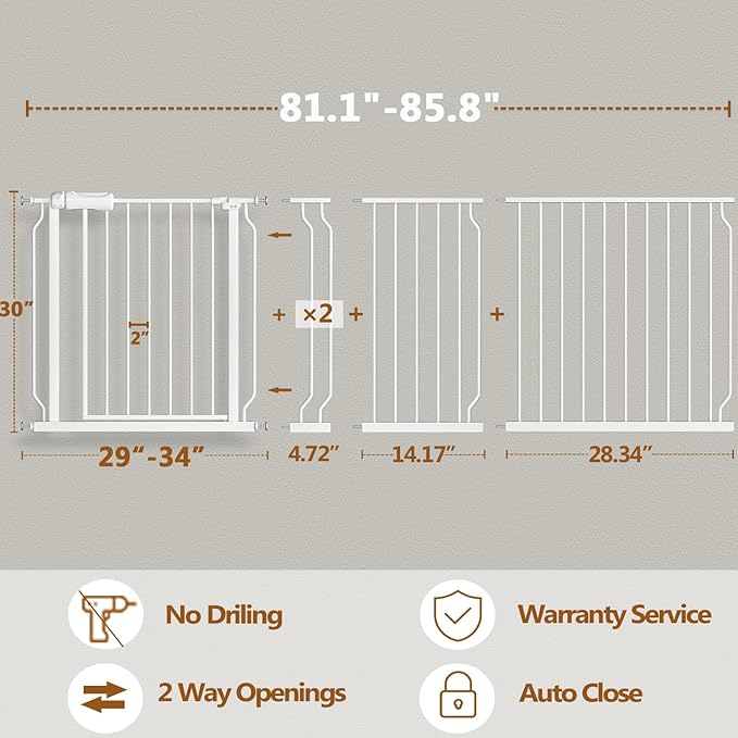 Baby Gate for Doorways Stairs Hallway 81.1-85.8 Inch Wide, Walk Through Child Gates with Pressure Mounted Extention Kit, Indoor Safety Child Gates for Kids or Pets