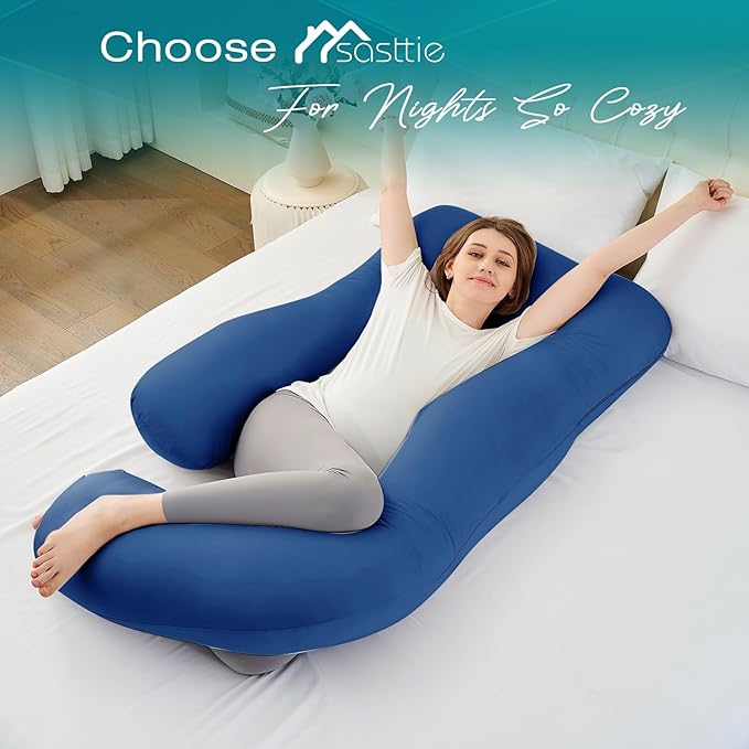 Sasttie Pregnancy Pillows for Sleeping, Jumbo U Shaped Cooling Full Body Pillow with Removable Cover, Pregnant Women Must Haves, Maternity Essential, Navy