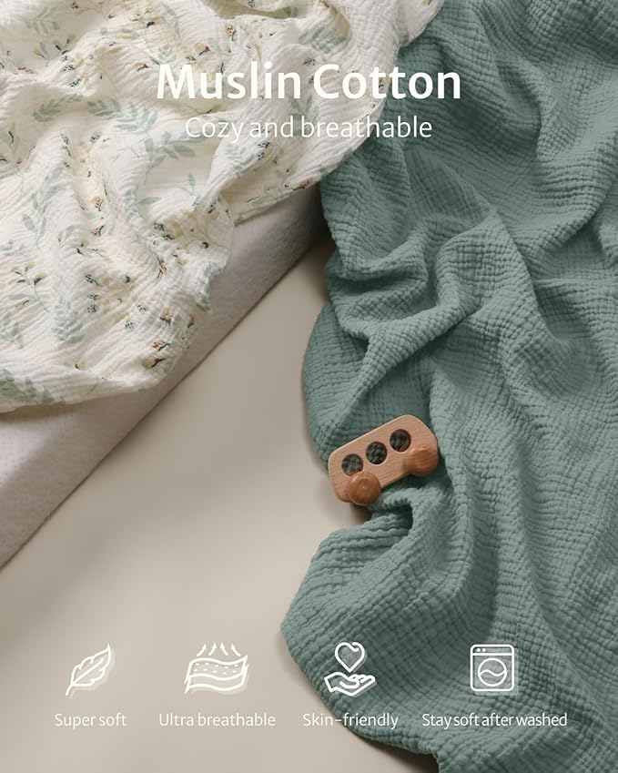 Blissful Diary Muslin Changing Pad Cover for Girls Boys, Ultra Soft Breathable Cotton, Baby Diaper Change Table Pad Covers, 2Pack (Roman Green&Leaf)