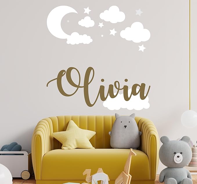 Custom Name with Moon Clouds and Stars Nursery Baby Name Wall Art Wall Decal for Nursery Bedroom playroom Decoration (Wide 40x40In Height), Wide 40Inx40In Height