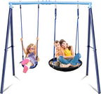 2 Seat Swing Set for Backyard - Metal A-Frame Holds 440 lbs, 1 Adjustable Saucer Swing and 1 u-Shape Swing - Suitable for Kids 3-8 Years
