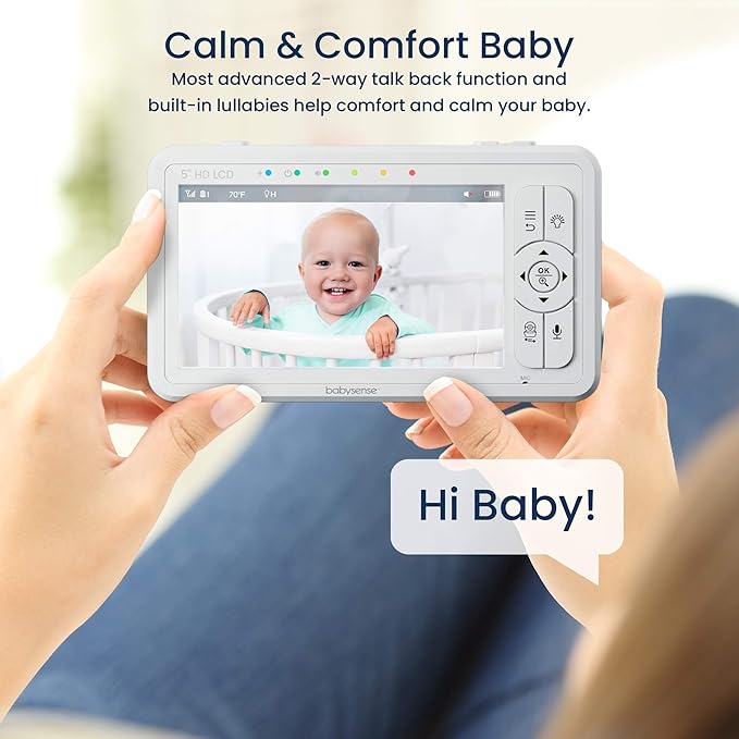 Babysense 5" HD Split-Screen Baby Monitor, Video Baby Monitor with 2 Cameras and Audio, Night Light, 1000ft Range, Two-Way Audio, 4X Zoom, Night Vision, 4000mAh Battery
