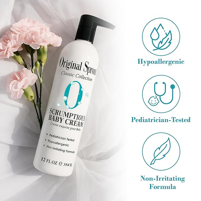 Original Sprout Scrumptious Baby Cream, Gentle Moisturizing Cream for Dry, Sensitive Skin & Diaper Rash, Non-Greasy Baby Lotion with Zinc Oxide & Calendula for Face & Body, 12 fl oz