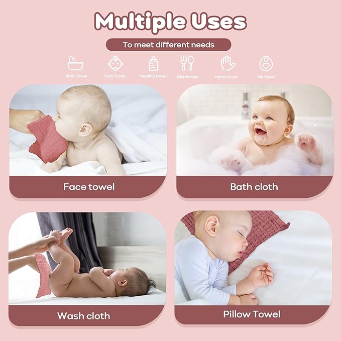 Yoofoss Muslin Baby Washcloths 100% Organic Cotton Face Towels 6 Pack Wash Cloths for Baby 12x12in Soft and Absorbent Baby Wipes (Gradient Pink)