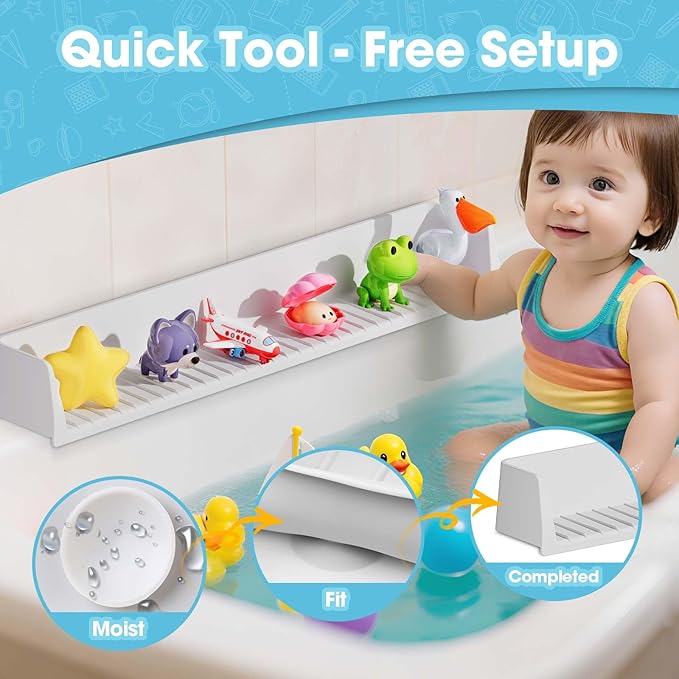 Bathtub Splash Guard for Kids - 31.4 Inch Extra Wide Bath Splash Barrier with 11 Strong Suction Cups, Flexible Silicone Tub Ledge Organizer to Keep Bathroom Floor Dry(Grey)