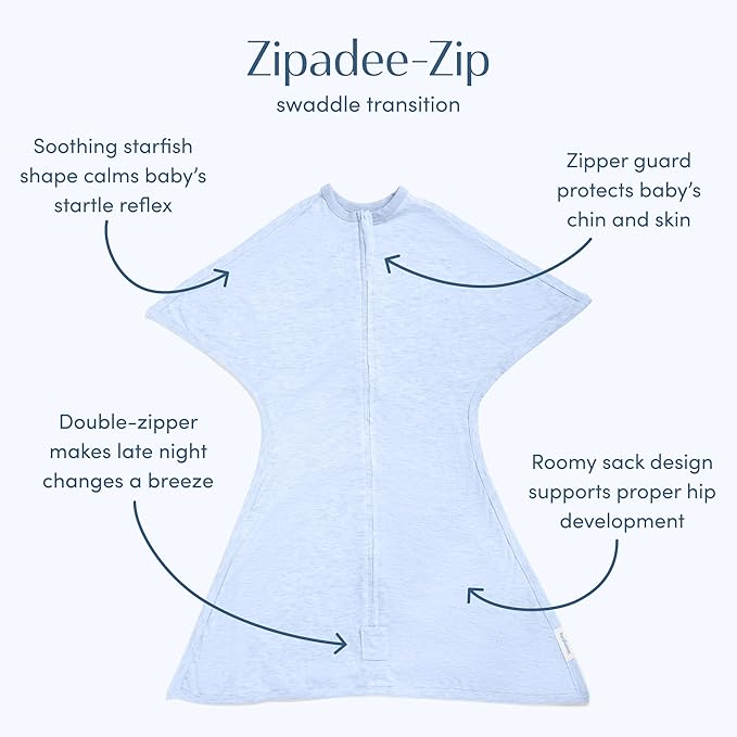 SleepingBaby Zipadee-Zip Transition Swaddle - Cozy Baby Swaddling Blanket with Zipper Convenience - Roomy Wearable Blanket for Easy Diaper Changes - 12-24 Month - Baseline Blue Heather
