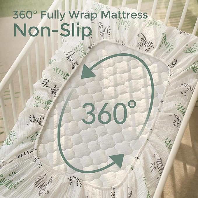 Momcozy Muslin Mini Crib Sheets Fitted - 38''x26'' Pack and Play Sheets for Pack N Play Mattress, 2 Pack Soft & Breathable Natural Cotton Non Slip Bed Cover for Boys, Girls, Bravery Zebra