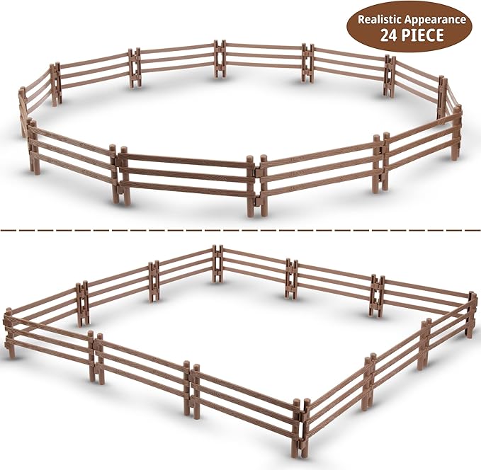 Toymany 24PCS Plastic Corral Fencing Playset Accessories for Farm Animals Figurines, Cake Toppers - Educational Gift for Kids and Toddlers