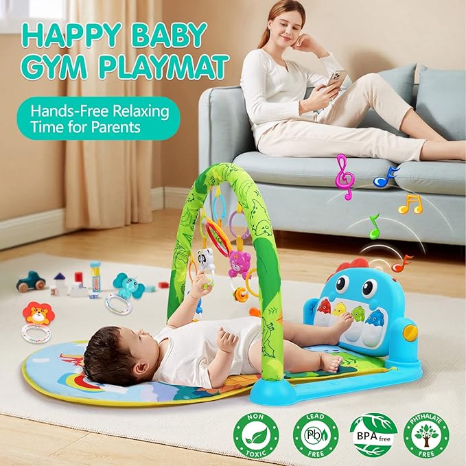 UMIKU Baby Gym Play Mats Baby Toys Tummy Time Mat Musical Activity Center for Newborn Infant Piano Babies Play Mat Music & Light Newborn Infant Gifts for Babies 0-3 6 9 12 Months Dinosaur Style