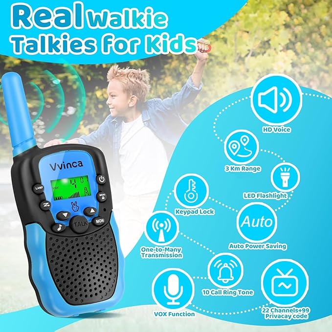 Vvinca Walkie Talkies Toys for Ages 5-7, Rechargeable Walkie Talkie Gifts for 3-12 Year Old Boy Girl with Flashlight 22CH 2 Way Radio 3 Mile Long Range for Adventure Game Camping Outdoor Hiking